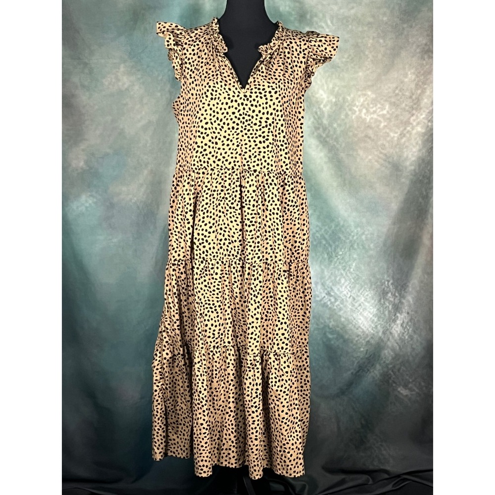 J.Crew Cotton Poplin‎ Tiered Midi Dress XL Tan Black Ruffle Flutter Sleeve